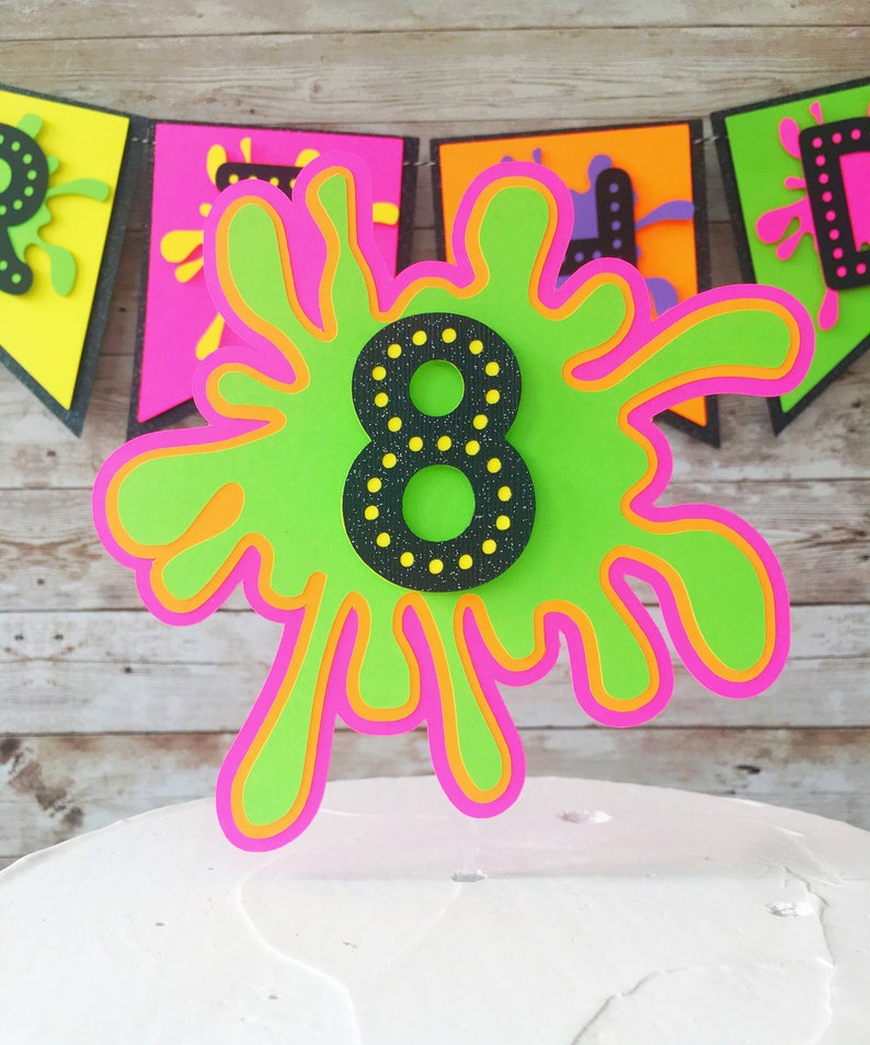 Neon Glow Party Cake Topper, Slime Party Decorations, Paint Party Cake Topper, 80's Theme Party Decorations image 1