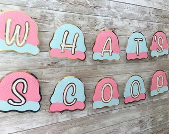 May include: A pink and blue ice cream cone banner that reads "What's Scoop".