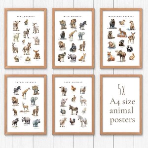 Peut inclure: Six affiches d'animaux de format A4 encadrées. Les affiches sont dans des cadres marron clair et présentent des illustrations à l'aquarelle de divers animaux, dont des bébés, sauvages, forestiers, de safari et de ferme. Le texte "5x A4 size animal posters" est visible.