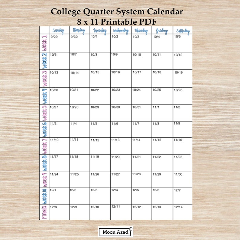 College Quarter System Calendar Instant Download PDF Etsy UK