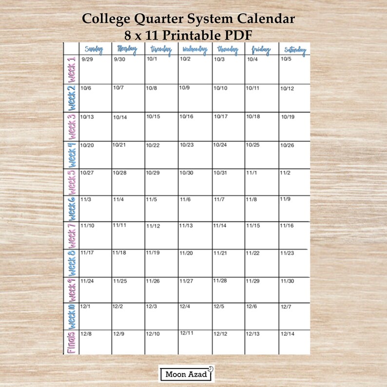 College Quarter System Calendar Instant Download PDF Etsy UK College Quarter System Calendar Instant Download PDF Etsy UK