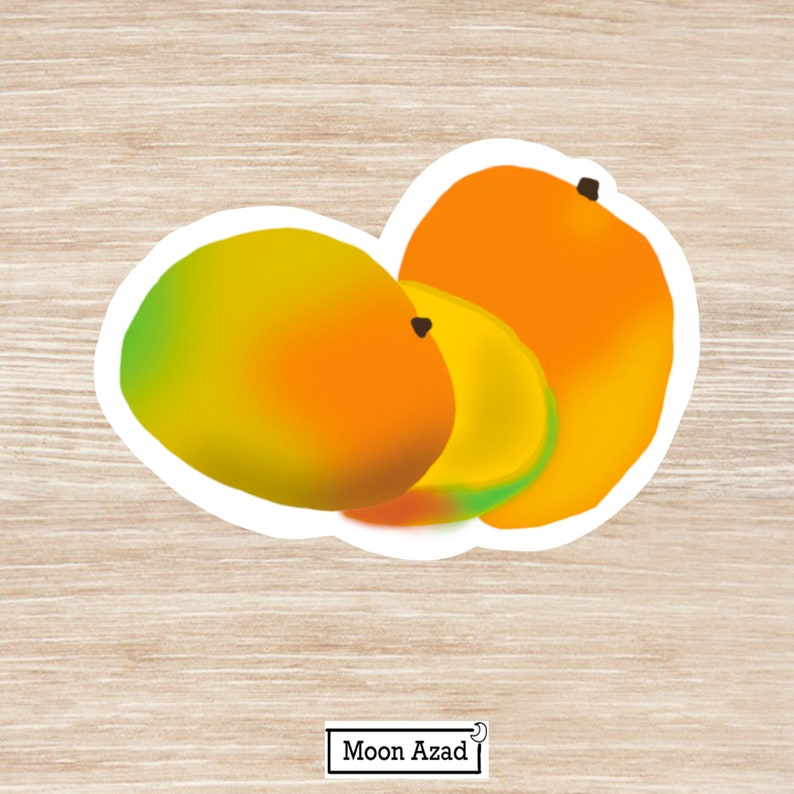 Puede incluir: Una pegatina con un primer plano de tres mangos, uno entero y dos cortados, con una combinaci&oacute;n de colores amarillo, naranja y verde.