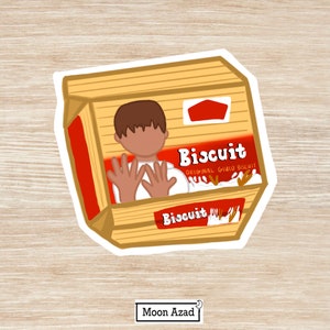 Puede incluir: Una ilustraci&oacute;n de dibujos animados de una persona con cabello casta&ntilde;o y una camisa blanca levantando las manos frente a ella. La persona est&aacute; en una caja con las palabras "Biscuit Original Gulo Biscuit" y "Biscuit" impresas en ella. La caja es roja, amarilla y marr&oacute;n.