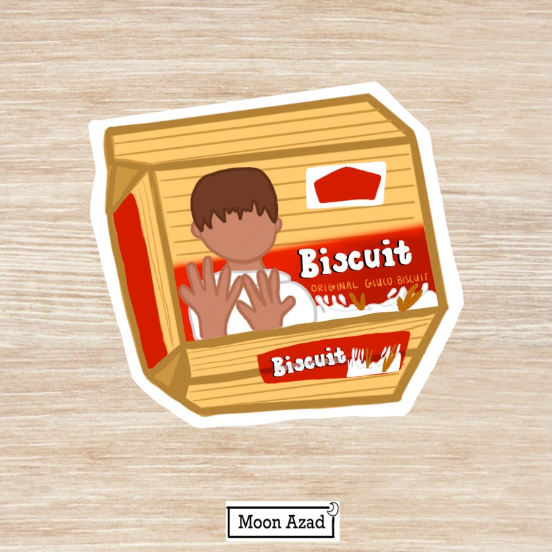 Puede incluir: Una ilustraci&oacute;n de dibujos animados de una persona con cabello casta&ntilde;o y una camisa blanca levantando las manos frente a ella. La persona est&aacute; en una caja con las palabras "Biscuit Original Gulo Biscuit" y "Biscuit" impresas en ella. La caja es roja, amarilla y marr&oacute;n.