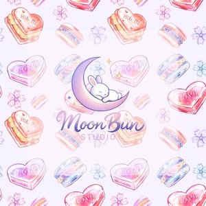 Peut inclure: Motif répété d'illustrations à l'aquarelle avec des bonbons en forme de cœur avec les mots "HUG ME", "XOXO" et "LOVE", des macarons et des motifs floraux. Un croissant de lune berce un lapin endormi, avec le texte "Moon Bun Studio".