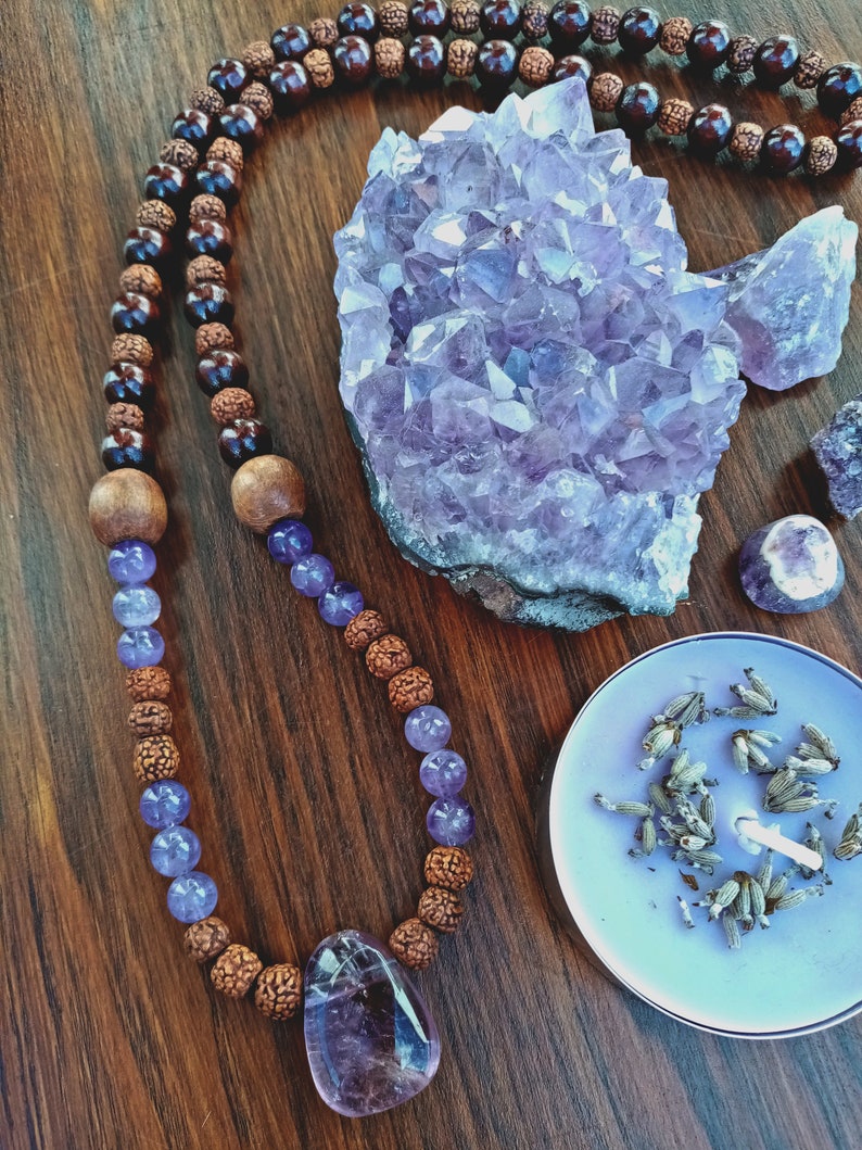 Ametrine Japa Mala Crystal Necklace with rudraksha seeds