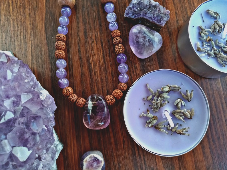 Ametrine Japa Mala Crystal Necklace with rudraksha seeds