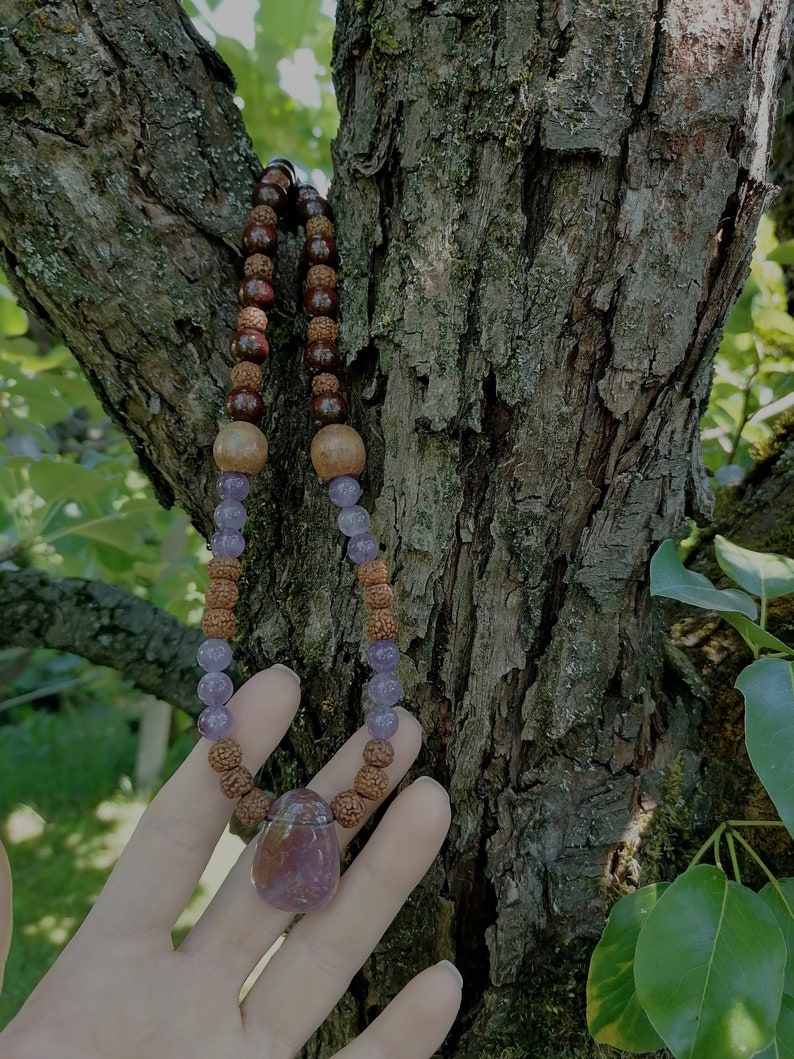 Ametrine Japa Mala Crystal Necklace with rudraksha seeds