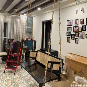 Reversible Wooden Swing ( Jhula CANE) Onjle with Brass chain | Rattan Swing - OVI