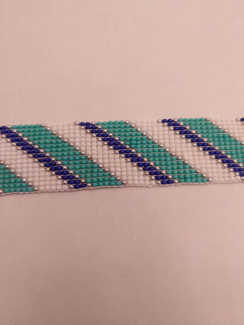 Loom Beaded Bracelet Teal White Navy Blue and Silver