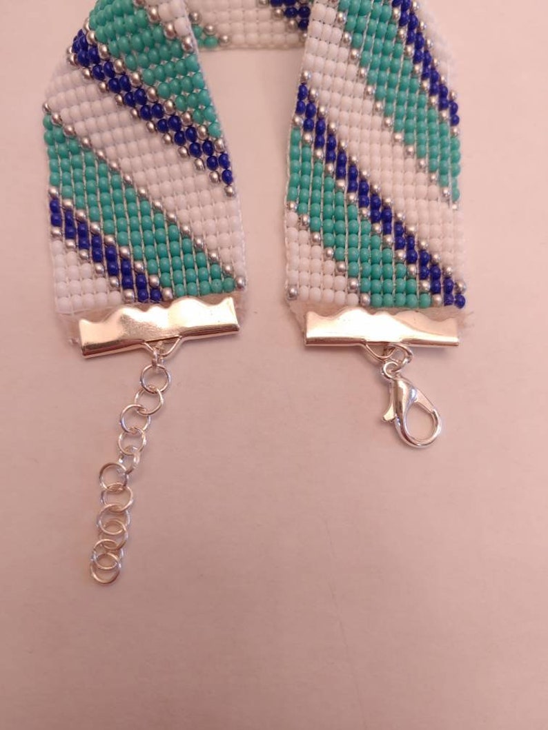 Loom Beaded Bracelet Teal White Navy Blue and Silver