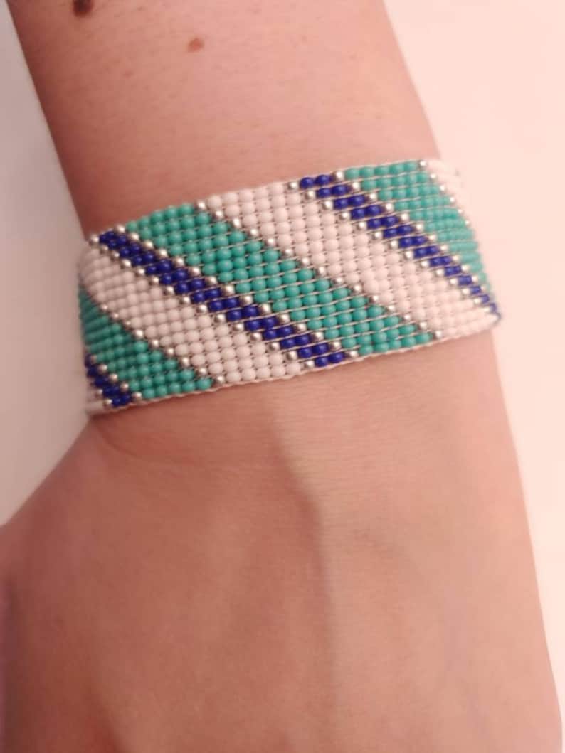 Loom Beaded Bracelet Teal White Navy Blue and Silver