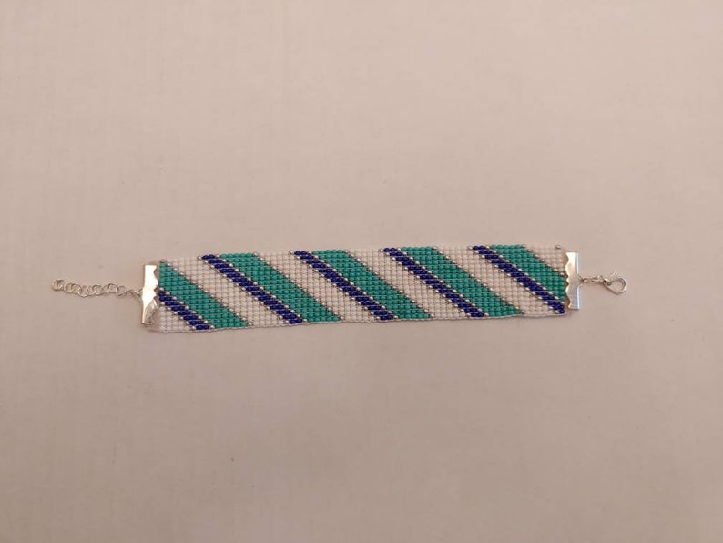 Loom Beaded Bracelet Teal White Navy Blue and Silver