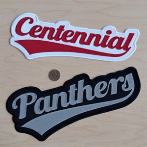 May include: Two embroidered patches, one white with red lettering that says "Centennial" and one black with silver lettering that says "Panthers". Both patches have a curved design.