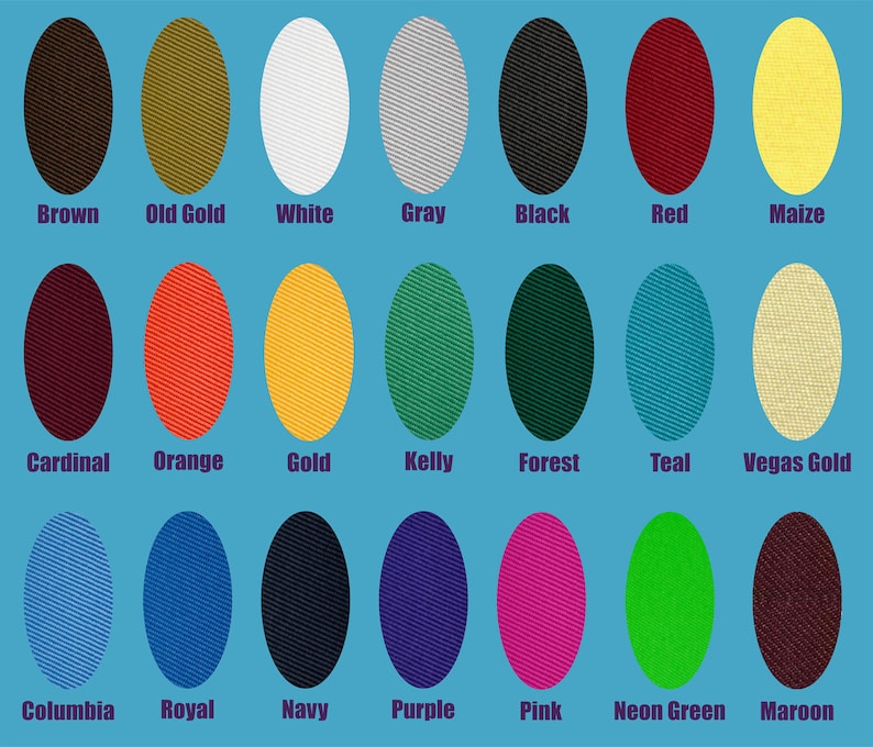 Peut inclure: Un nuancier pr&eacute;sentant 20 ovales de couleurs sur fond bleu clair. Les couleurs comprennent le marron, l'or vieilli, le blanc, le gris, le noir, le rouge, le ma&iuml;s, le cardinal, l'orange, l'or, le kelly, le for&ecirc;t, le sarcelle, l'or de Vegas, le columbia, le royal, le marine, le violet, le rose, le vert n&eacute;on et le marron.