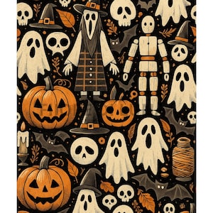 Halloween Seamless Pattern | Spooky Ghosts, Pumpkins & Bats | Digital Download, Halloween Fabric, Scrapbooking, DIY Crafts