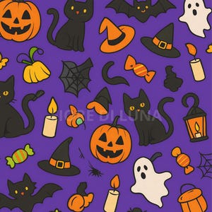 Halloween Seamless Digital Pattern – Spooky Black Cats, Pumpkins, Ghosts and More | Printable Paper for Crafts, Scrapbooking, Fabric and Decor