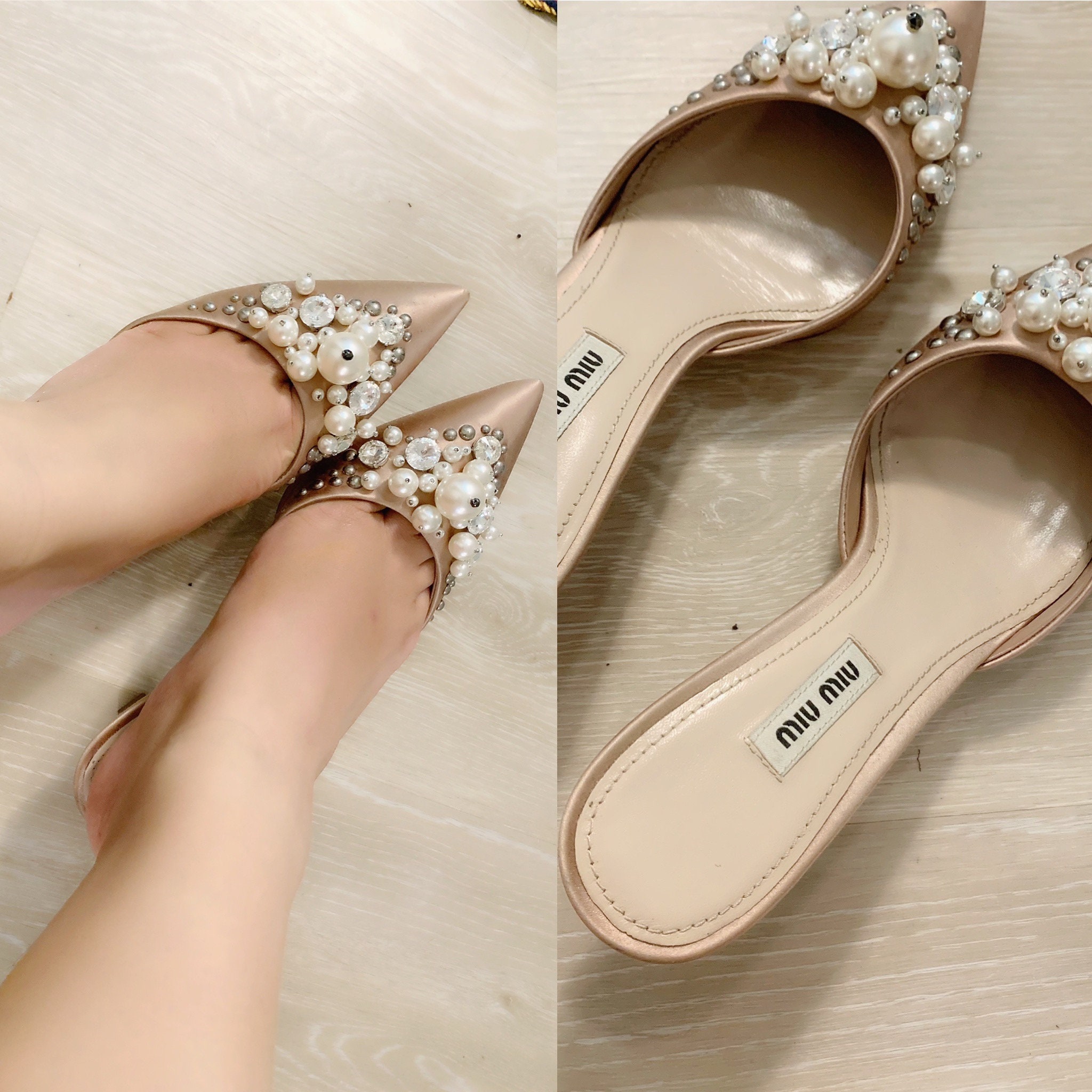 Prada Miu Miu Pink Silky Slippers With Crystals and Pearls