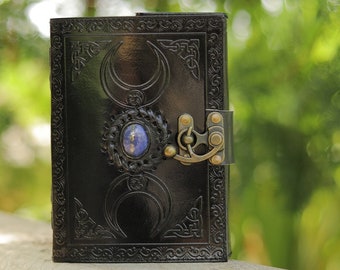 leather journal Triple Moon Spell Book book of Shadows Grimoire Deckle Edge paper Vintage journal