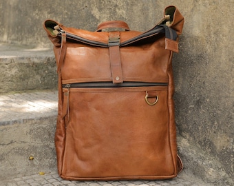 Personalized leather backpack, leather backpack for men & women, vintage backpack for laptop, brown leather travel rucksack, laptop backpack