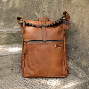Mochila de couro personalizada, mochila de couro para homens e mulheres, mochila vintage para laptop, mochila de viagem de couro marrom, mochila para laptop