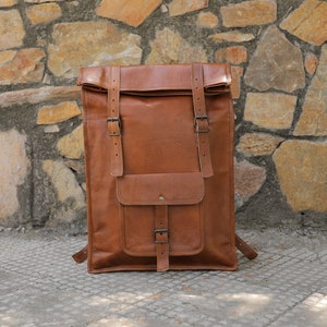 Brown leather Backpack, Genuine Leather Large Backpack, Leather Hiking Backpack, Leather Satchel Backpack, Roll on Rucksack for men & women image 1