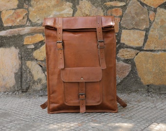 Brown leather Backpack, Genuine Leather Large Backpack, Leather Hiking Backpack, Leather Satchel Backpack, Roll on Rucksack for men & women