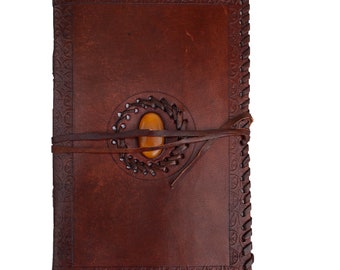 Handmade Embossed Leather Journal with Stone, Grimmer with Lock, Spell Book, Leather Notebook