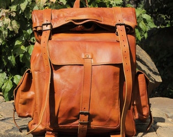 Handgemachter Lederrucksack, großer Lederrucksack, brauner Vintage-Rucksack für Männer und Frauen, Vintage-Trekkingtasche, Roll-on-Ledertasche.