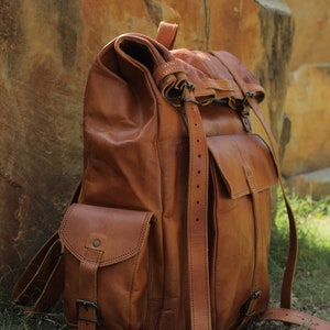 Handmade leather backpack, large leather backpack, brown vintage backpack for men and women, vintage trekking bag, roll on leather bag. image 2