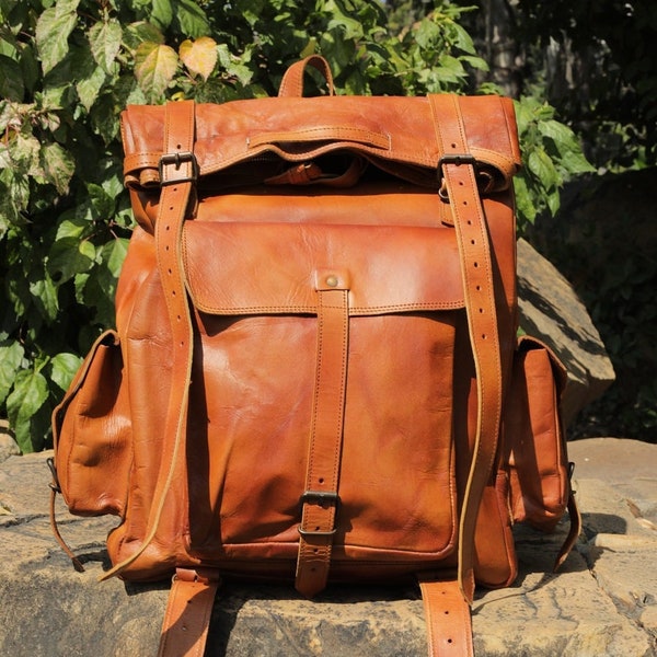 Handmade leather backpack, large leather backpack, brown vintage backpack for men and women, vintage trekking bag, roll on leather bag.