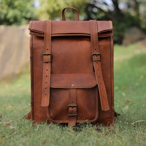 Handmade Genuine Brown Leather Backpack, Laptop Backpack, Vintage Rucksack, Roll-On Laptop Backpack for Men and Women, Trekking Backpack,.