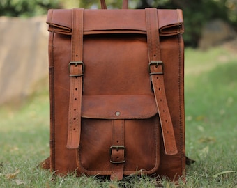 Handmade Genuine Brown Leather Backpack, Laptop Backpack, Vintage Rucksack, Roll-On Laptop Backpack for Men and Women, Trekking Backpack,.