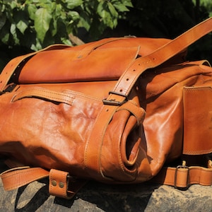 Handmade leather backpack, large leather backpack, brown vintage backpack for men and women, vintage trekking bag, roll on leather bag. image 6