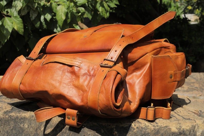 Handmade leather backpack, large leather backpack, brown vintage backpack for men and women, vintage trekking bag, roll on leather bag. image 6