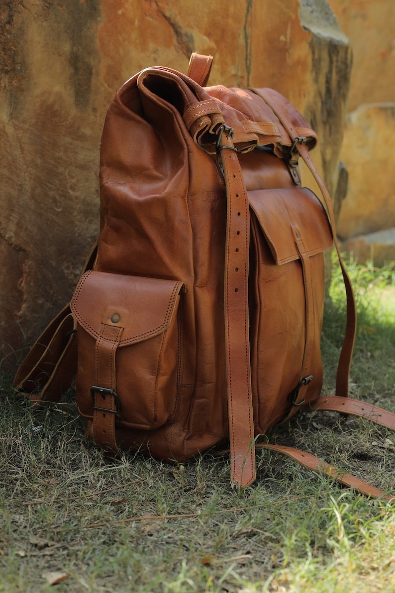 Handmade leather backpack, large leather backpack, brown vintage backpack for men and women, vintage trekking bag, roll on leather bag. image 2