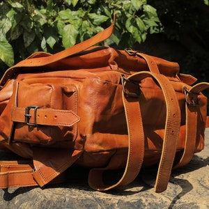 Handmade leather backpack, large leather backpack, brown vintage backpack for men and women, vintage trekking bag, roll on leather bag. image 5