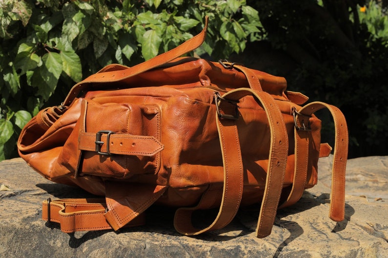 Handmade leather backpack, large leather backpack, brown vintage backpack for men and women, vintage trekking bag, roll on leather bag. image 5