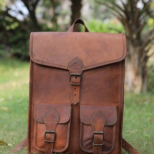 Brown leather backpack, vintage leather bag, handmade backpack for school, travel leather backpack, messenger backpack for men & women image 3