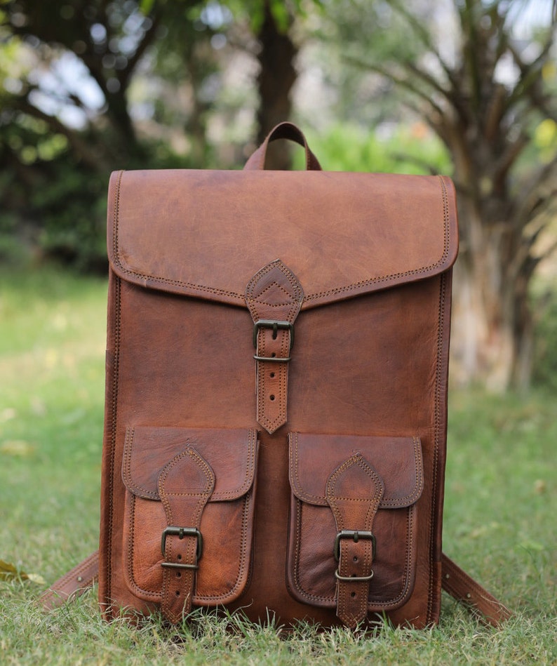 Brown leather backpack, vintage leather bag, handmade backpack for school, travel leather backpack, messenger backpack for men & women image 3