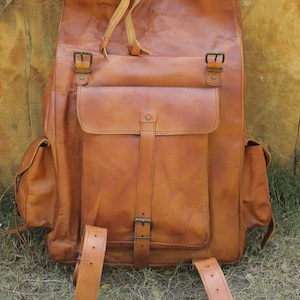 Handmade leather backpack, large leather backpack, brown vintage backpack for men and women, vintage trekking bag, roll on leather bag. image 8