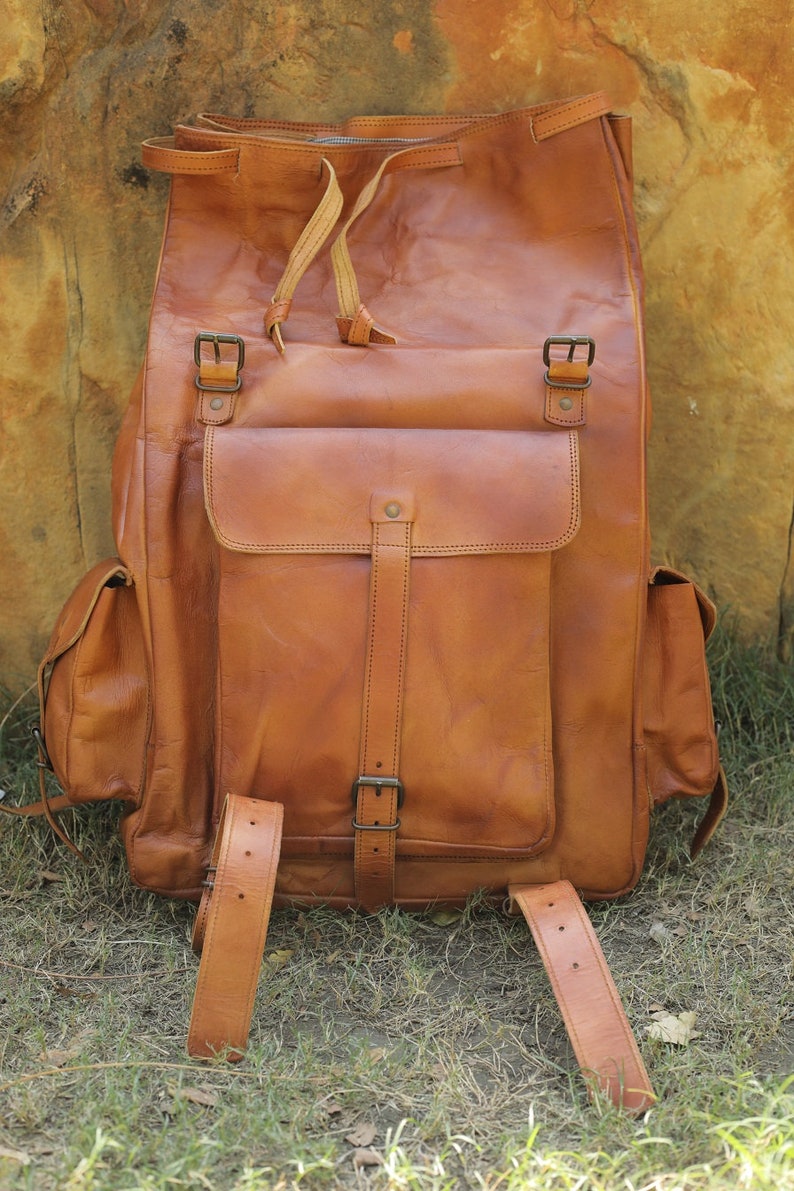 Handmade leather backpack, large leather backpack, brown vintage backpack for men and women, vintage trekking bag, roll on leather bag. image 8