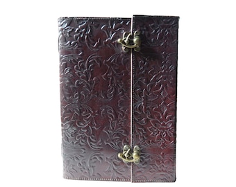 Genuine embossed Leather Journal Handmade Garden Flower Notebook Diary with lock | latch