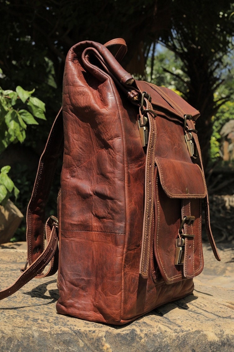 Genuine Brown Leather Backpack, Leather Roll-on Bag, Brown College