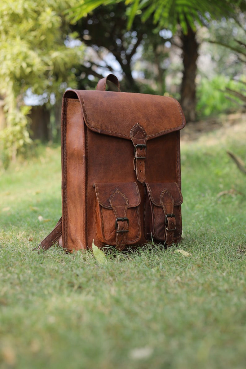 Brown leather backpack, vintage leather bag, handmade backpack for school, travel leather backpack, messenger backpack for men & women image 4