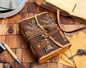 Journal en cuir véritable relié à clé classique, carnet en cuir, cadeau gravé personnalisé pour femmes et hommes papier fait main, cadeaux de journal de voyage