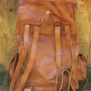 Handmade leather backpack, large leather backpack, brown vintage backpack for men and women, vintage trekking bag, roll on leather bag. image 9