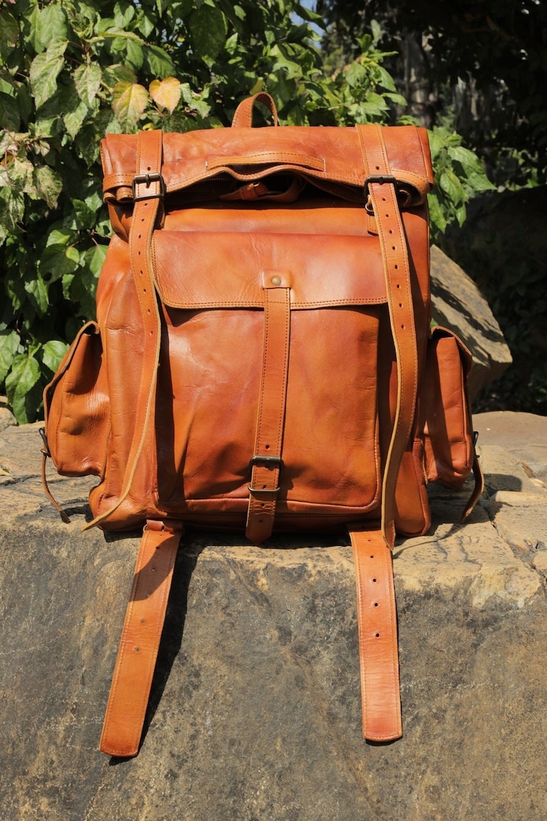 Handmade leather backpack, large leather backpack, brown vintage backpack for men and women, vintage trekking bag, roll on leather bag. image 1