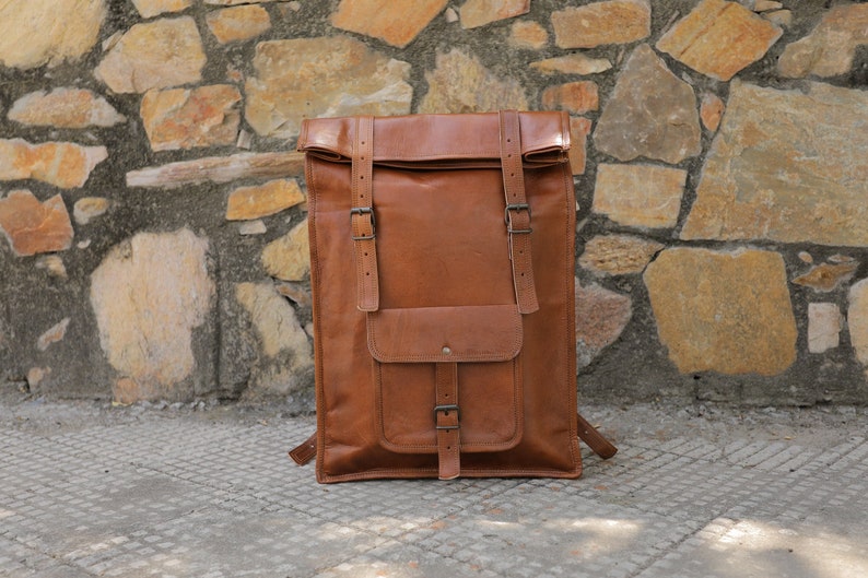 Brown leather Backpack, Genuine Leather Large Backpack, Leather Hiking Backpack, Leather Satchel Backpack, Roll on Rucksack for men & women image 1