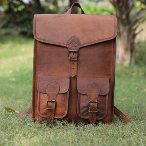 Brown leather backpack, vintage leather bag, handmade backpack for school, travel leather backpack, messenger backpack for men & women image 2